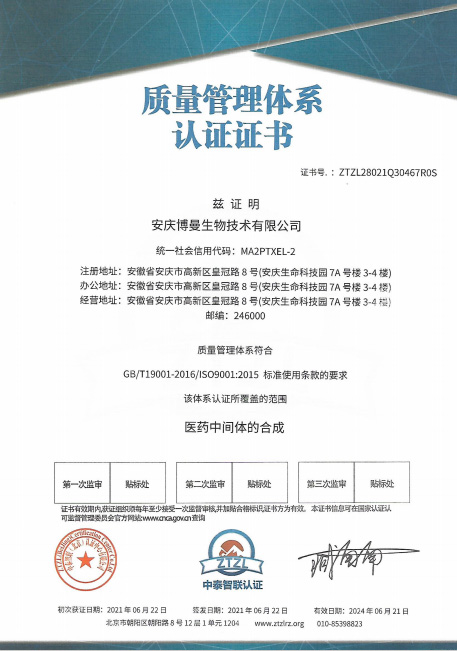Quality Management System Certification Certificate (Chinese version)